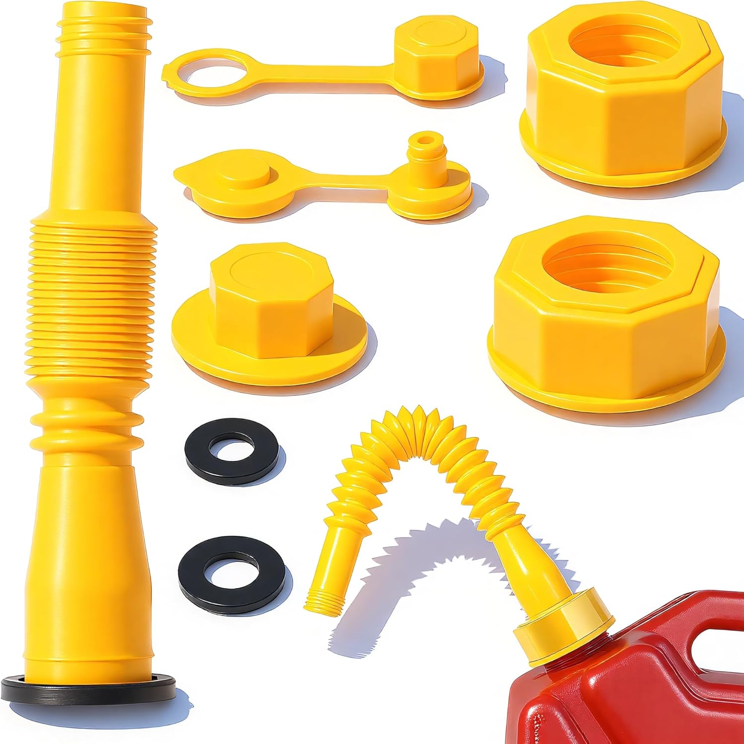 1 Kit Gas Can Spout Replacement Set, Flexible and Retractable Nozzle, Durable Anti-Spill with Screw Collar Caps, Spout Cover, Base Cap, Fit for 1/2/5/10 Gallon Gas Can(Yellow)