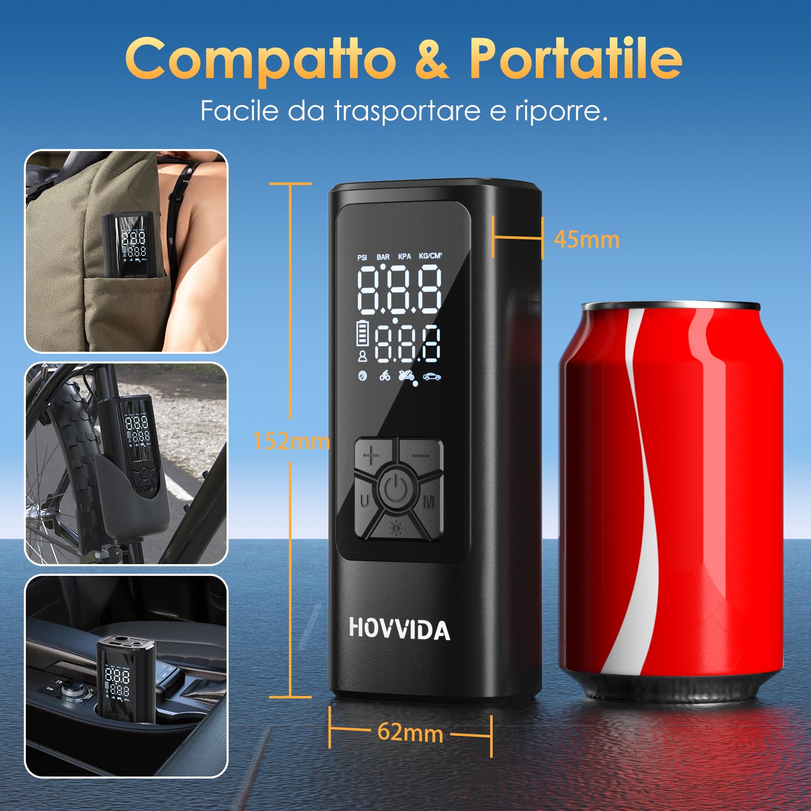 HOVVIDA Compressore Aria Portatile, Compressore Portatile, Compressore Portatile Moto, 150 PSI (10,3 Bar) 5V, Inflazione Rapida, Spegnimento Automatico, LED, per Auto, Moto, Bicicletta, Palla