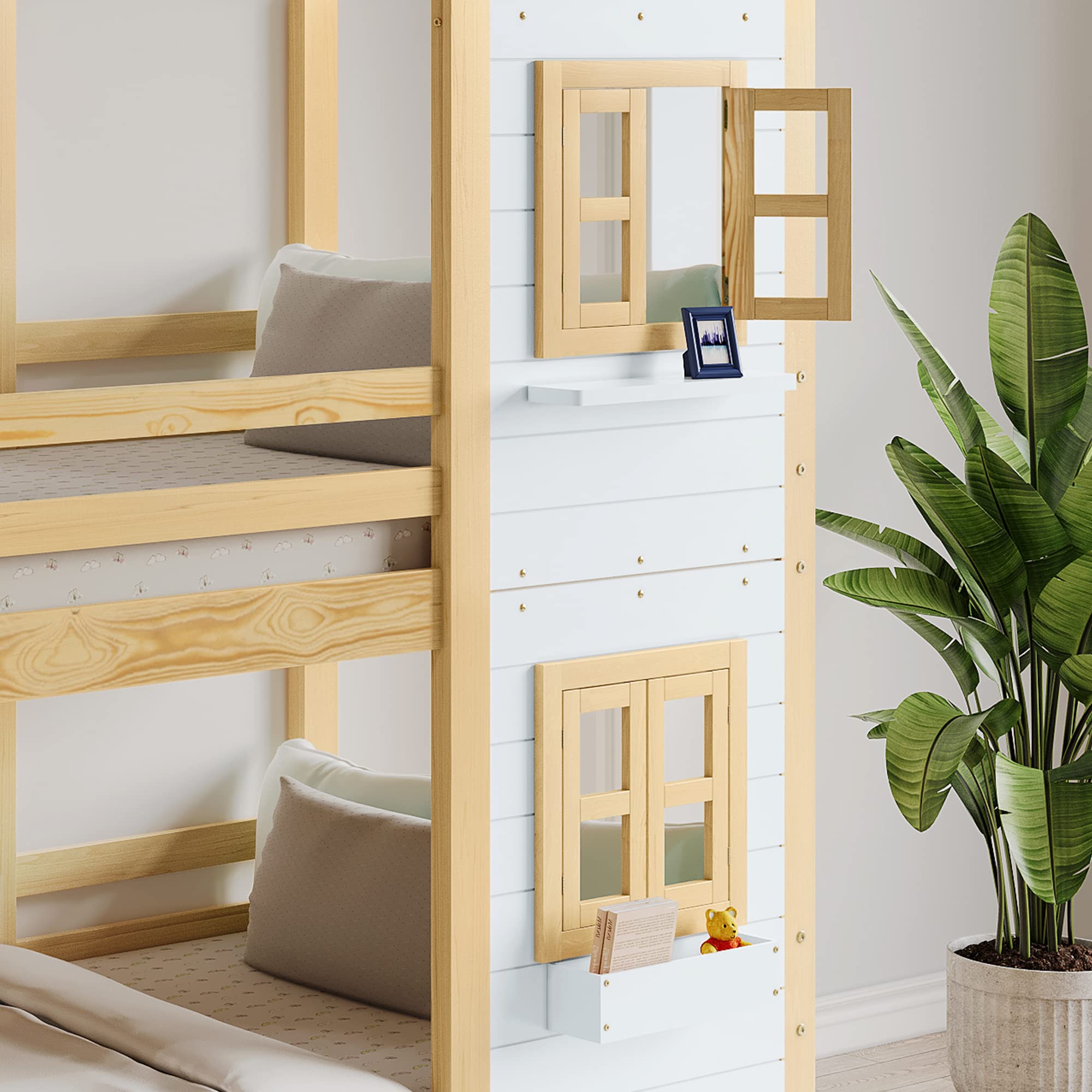 Stapelbed, houten bed met trap en rooster, met glijbaan en raam, blokhuis- kinderbed met valbeveiliging, bedframe van massief hout, wit (90 x 200 cm