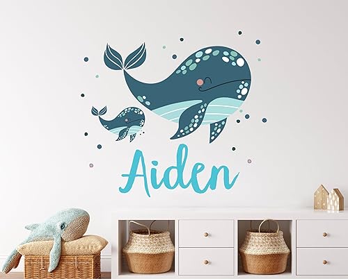 Personalized Whale Name Wall Decals for Kids - Nautical Whales Wall Stickers - Nursery Wall Decals - Under The Sea Wall Decor for Kids Bedroom