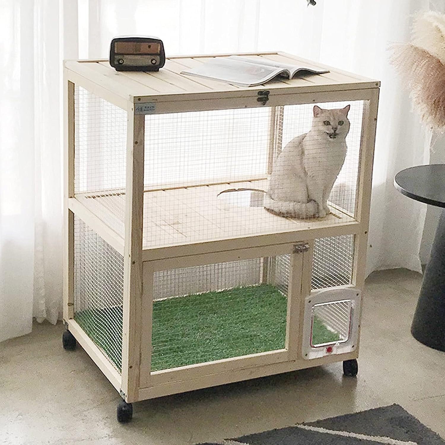 Casa Grande Para Gatos Con Ruedas - Jaula De Madera Con Vidrio, Varios Pisos, Ideal Para Interior Y Exterior