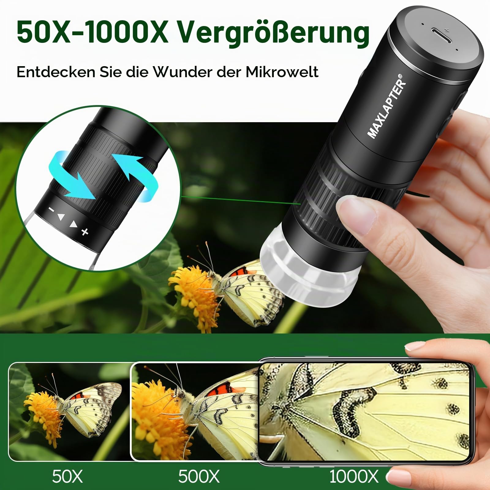 MAXLAPTER WiFi Digital Mikroskop 50X-1000X für Erwachsene und Kinder | Handmikroskop Handy USB und WiFi Verbindung 8 LED Leuchten 1920P Foto Video Akku für iPhone Android iPad Tablet Windows Mac