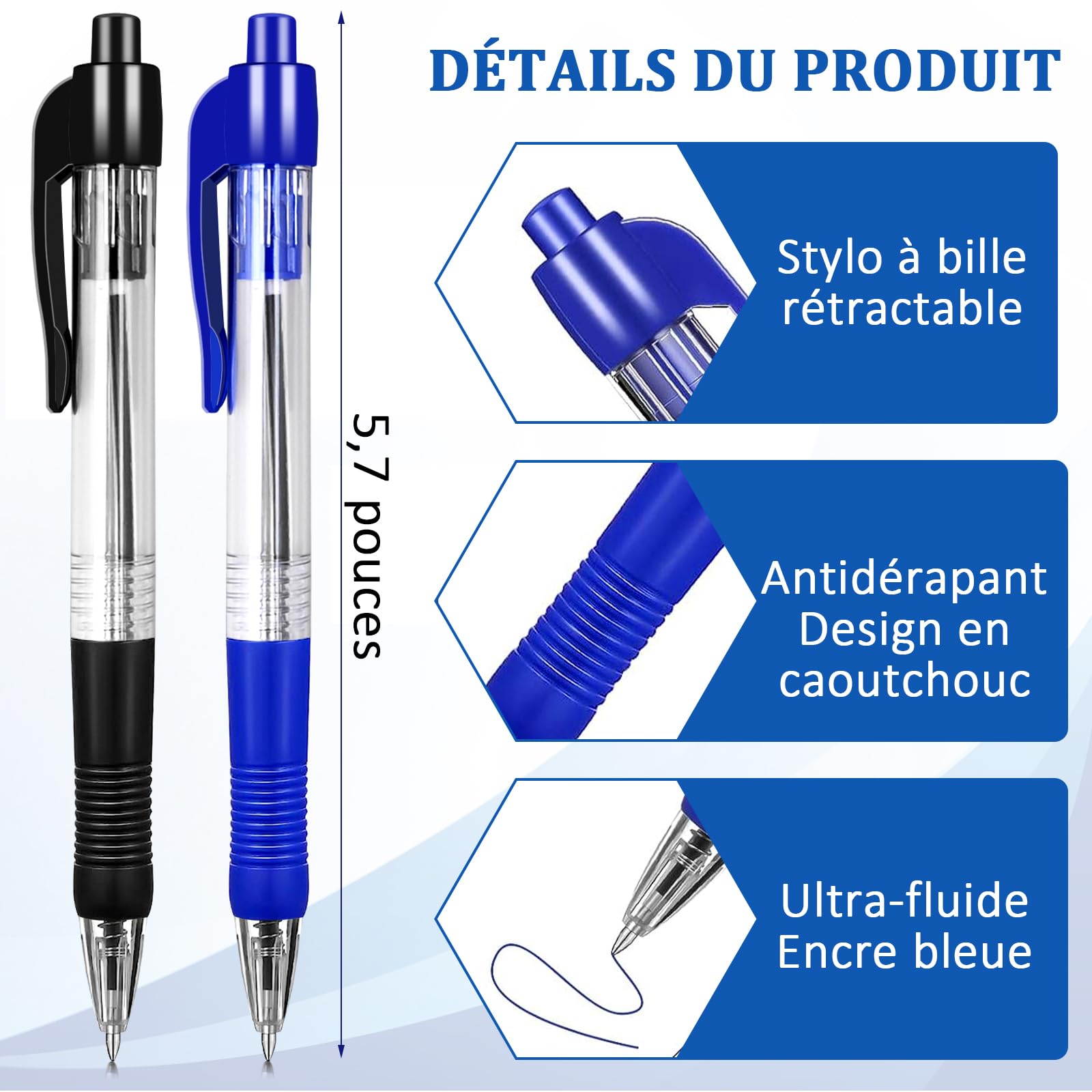 Lot 200 stylos à bille rétractable, pointe moyenne 1,0 mm