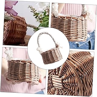 STOBAZA Cesta De Flores Portátil Cestas De Flor Menina Cesta Redonda Cesta Branca Com Tampa Cestas De Doces De Casamento Vasos De Flores De Vime Cesta De Renda Cesta De Tecelagem Cesta De