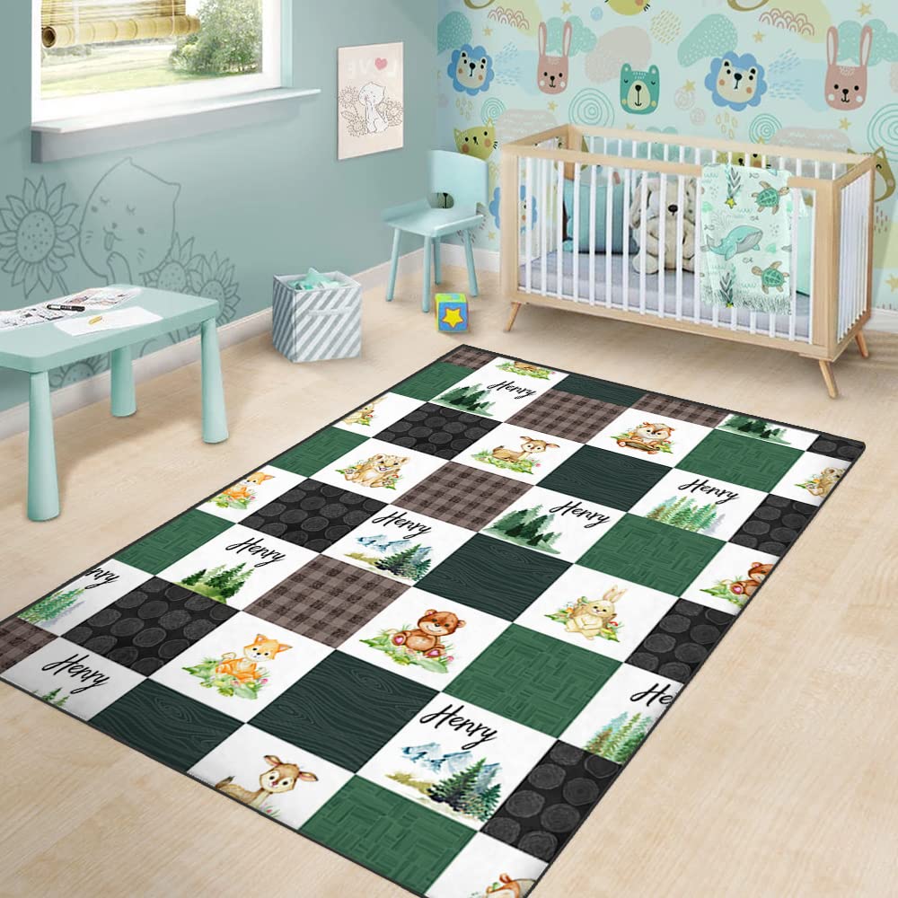 ENCYCOM Personalized Green Woodland Rug Playmat with Custom Name, Cute Bear Fox Deer Animal, Woodland Nursery Decor, Baby Play Mat, Playmat for Babies, Kid Rug Play Mat, Woodland Theme Nursery