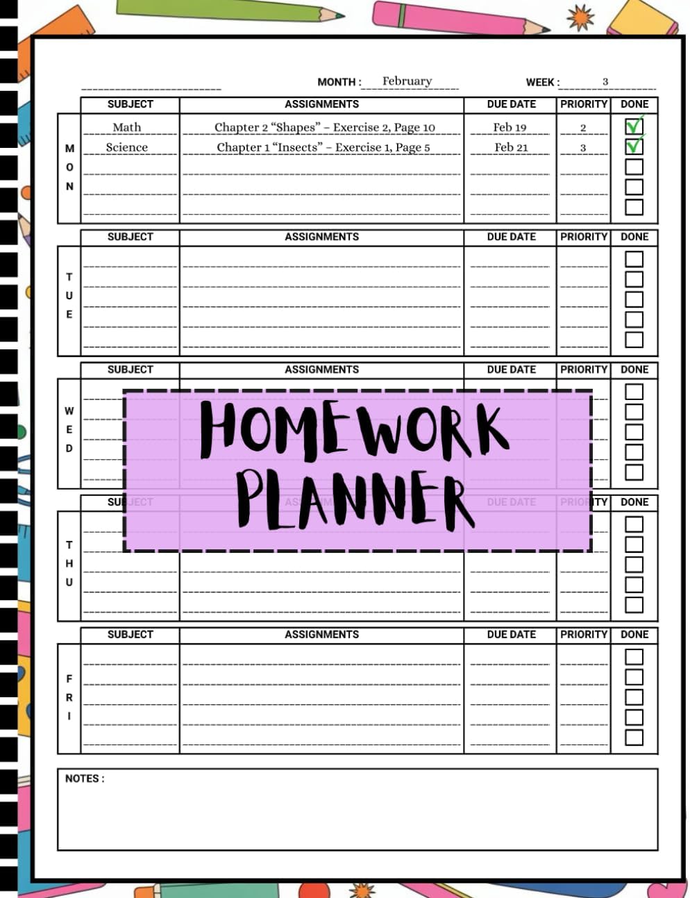Homework Planner for ADHD Students: Weekly and Daily Undated Assignment Journal Notebook for Elementary, Middle, High School, and College
