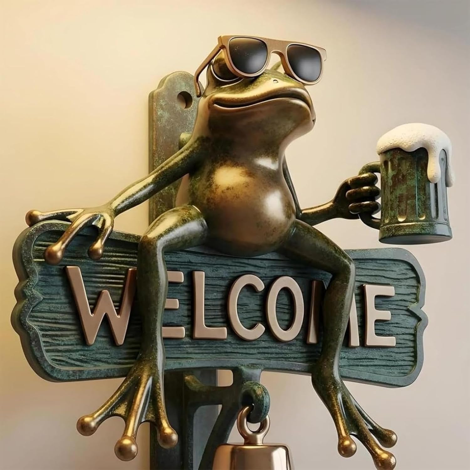 Chill Frog Welcome Doorbell - Beer-Drinking Utterly Shades - Wearing Hilarious Frog Doorbell, Upgrade Hand-Painted Resin Decorative Door Chime for Porch, Garden Gate, Halloween