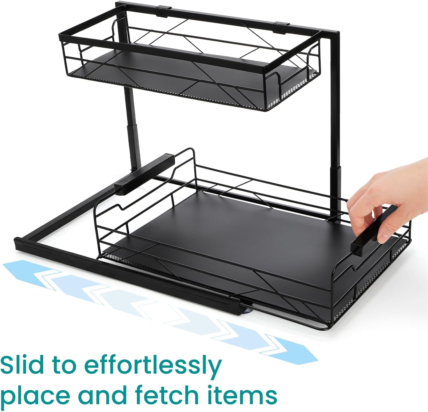 Pull Out Under Sink Organizer, 2 Tier Under Sink Storage with Suction Cups, PVC Mat, Sliding Drawer, Metal Cleaning Supplies Shelf Cabinet Organizer for Kitchen, Laundry, Pantry, Bathroom - Image 3
