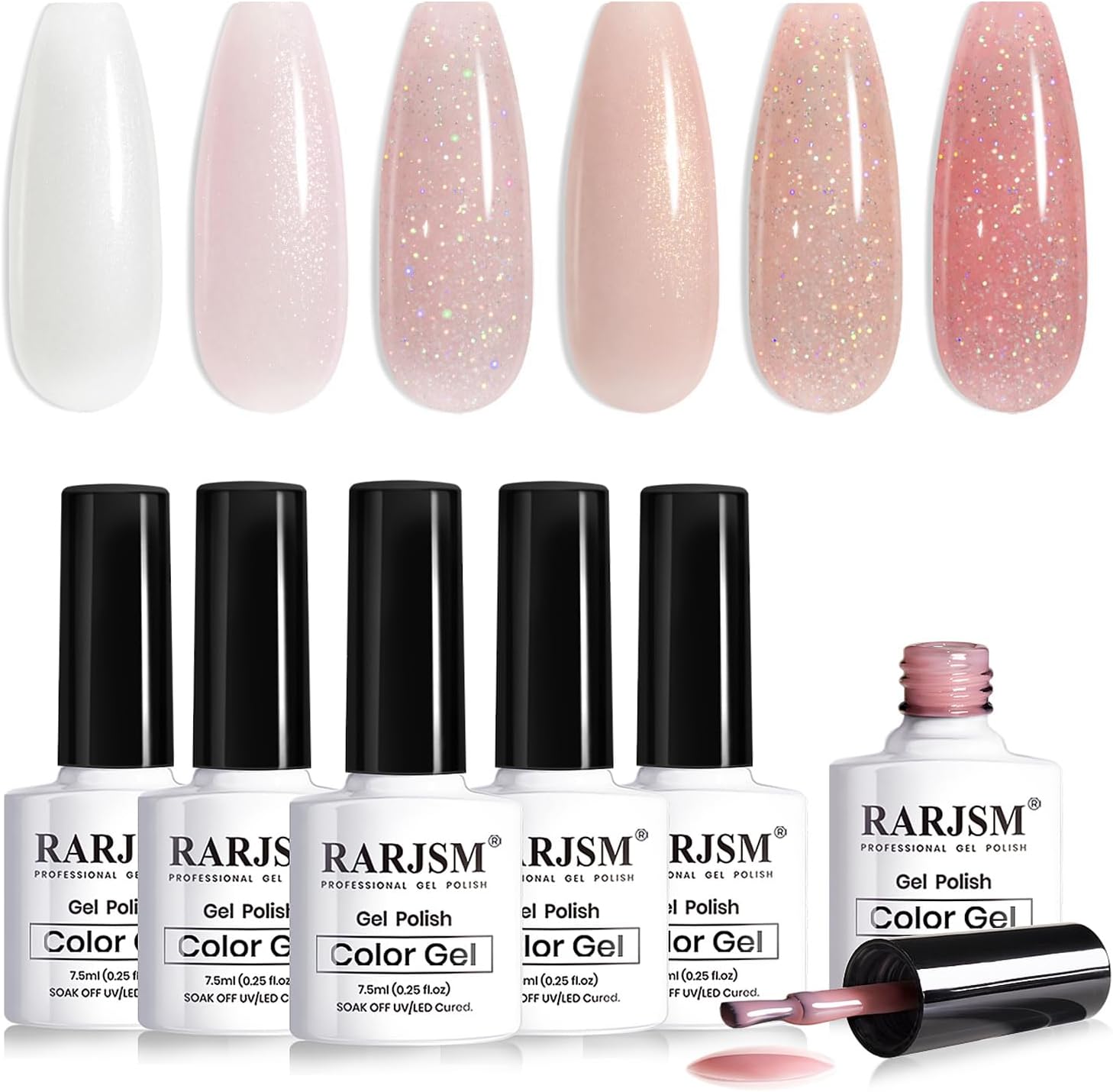 RARJSM Nude Glitter Gel Nail Polish Set 6 Colours Pale Pink Milky White Jelly Pink Silver Gold Glitter Holographic Shimmer Iridescent Pigment Gel Polish 7.5ml Translucent Natural Soak off UV LED Cured