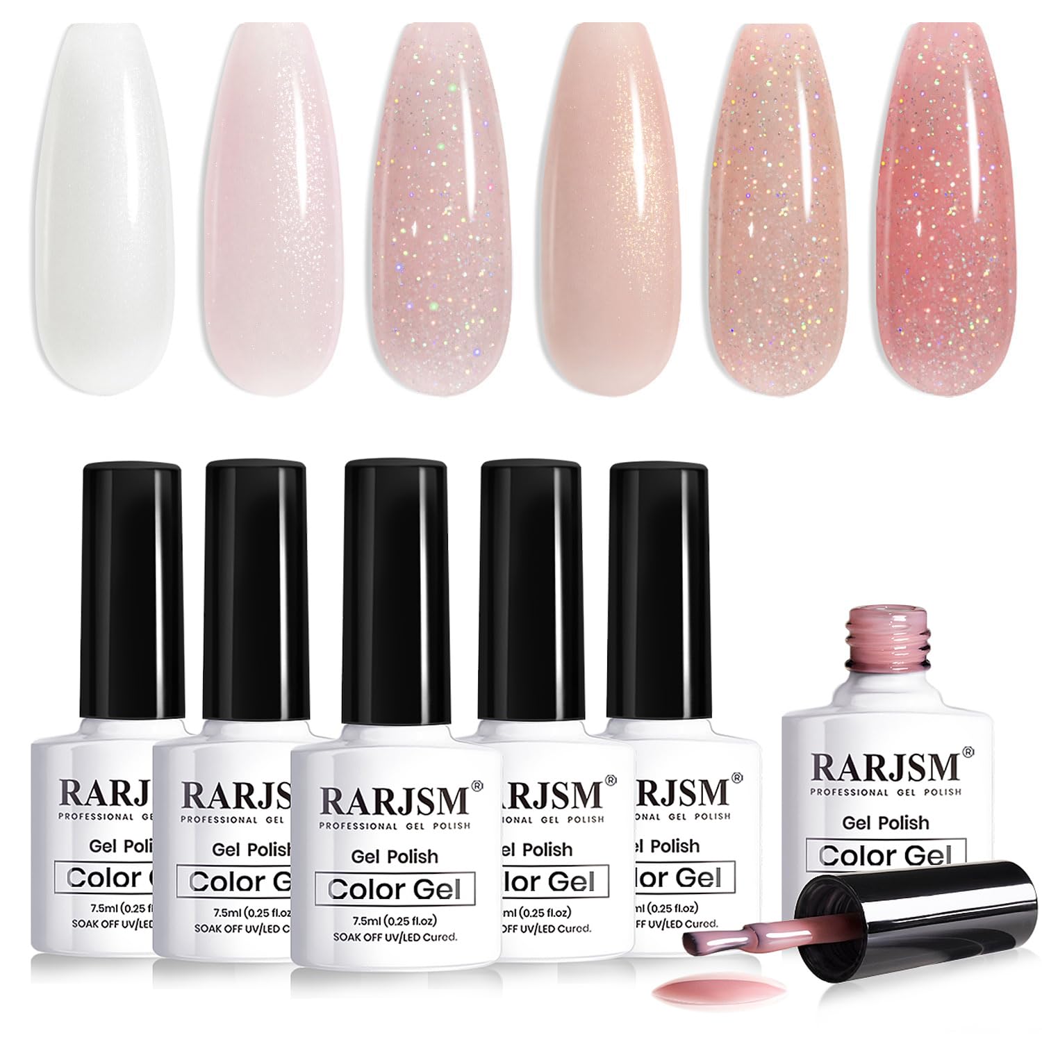 Nude Glitter Gel Nail Polish Set 6 Colours Pale Pink Milky White Jelly Pink Silver Gold Glitter Holographic Shimmer Iridescent Pigment Gel Polish 7.5ml Translucent Natural Soak off UV LED Cured