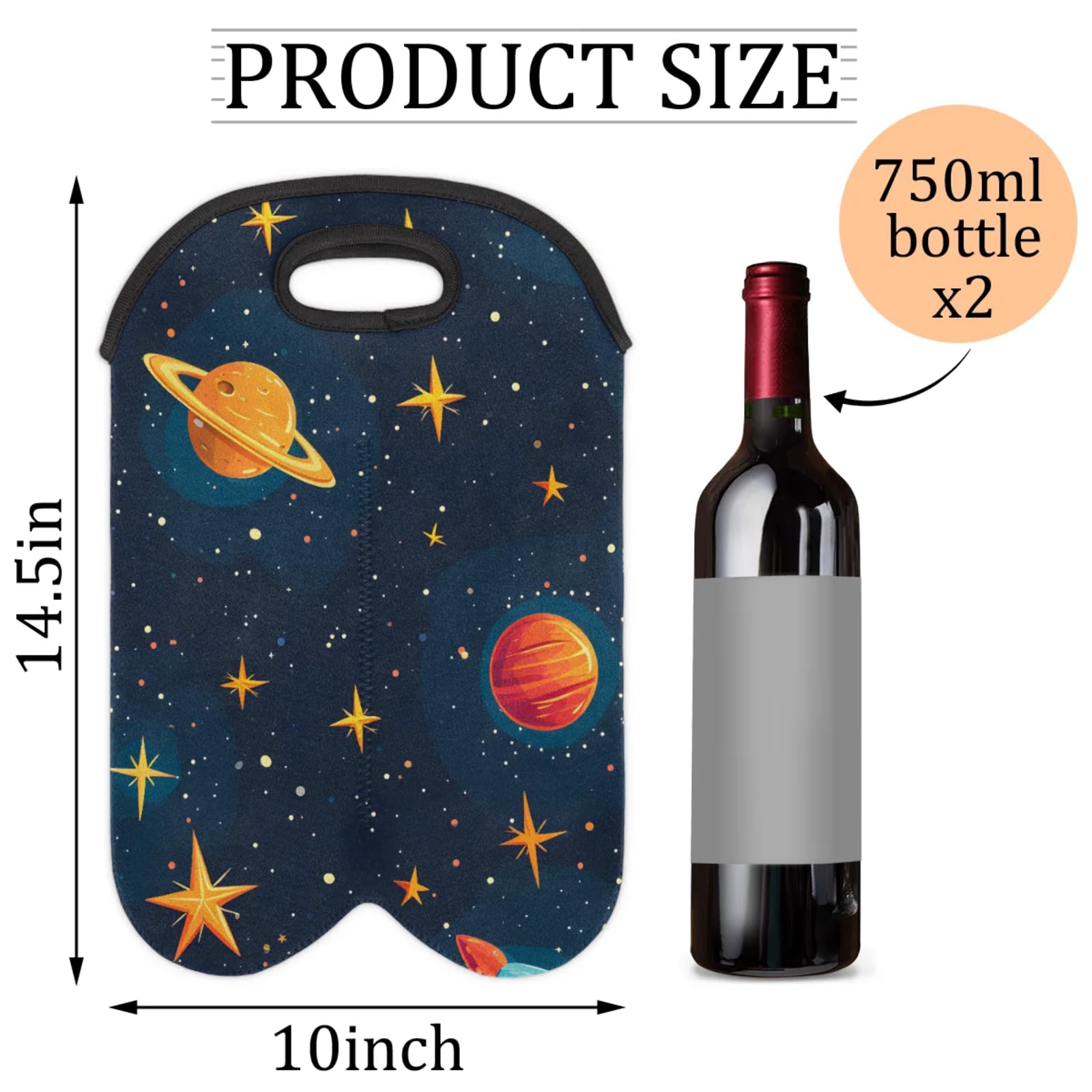 GzLeyigou 2 Bottles Universe Planets Wine Bag Sleeve Totes Neoprene Protective Wine Carrier Bag for Wine,Water, Champagne, Beer, Baby Bottles,Gift 14.5 x 10 Inches