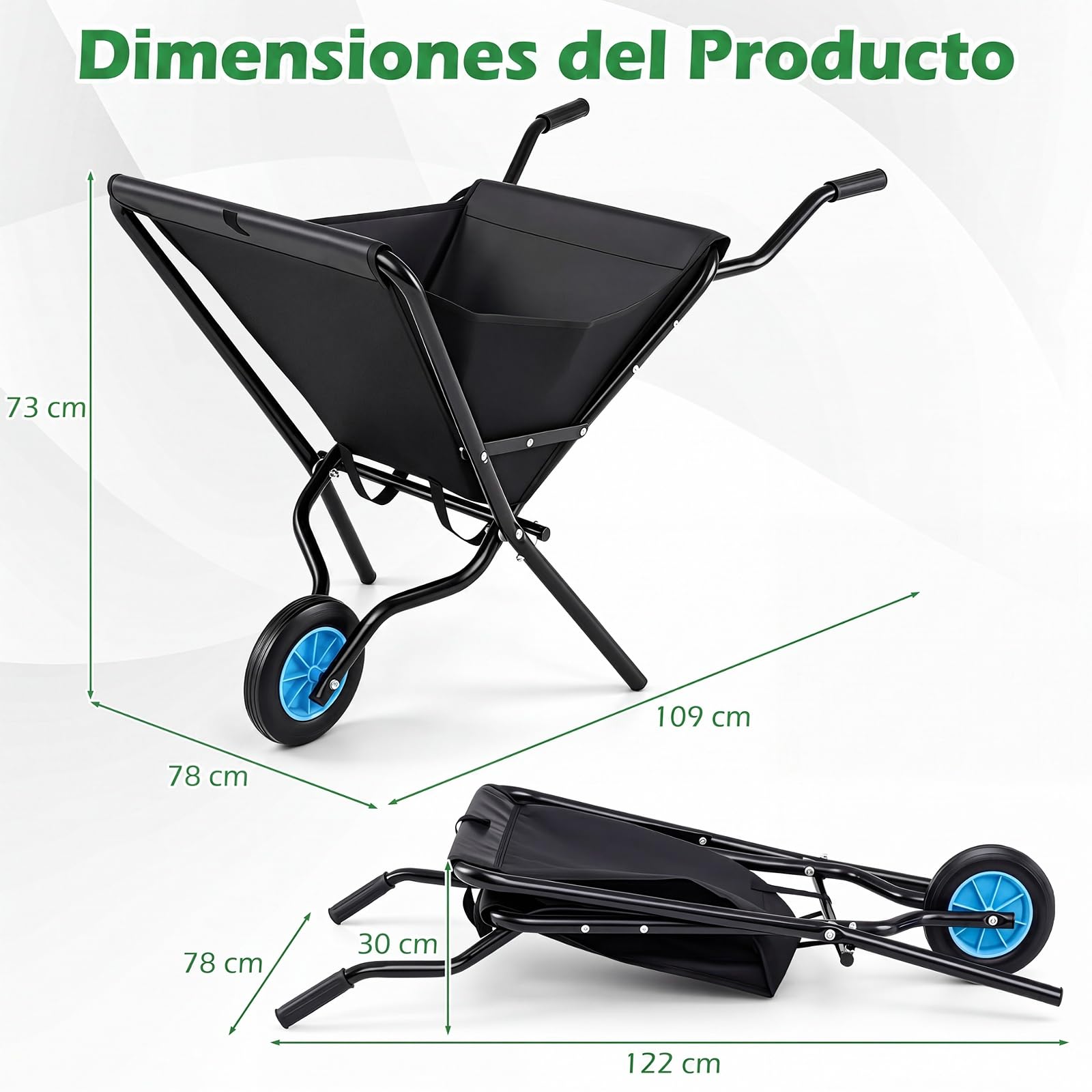 COSTWAY Carretilla de Jardín Plegable con Rueda, Lona Oxford, 78x109x72 cm | Carro de Transporte, Carga de 40 kg, Esturctura de Metal, Mangos Antideslizantes, Carrito de Obra Plegable para Jardinería