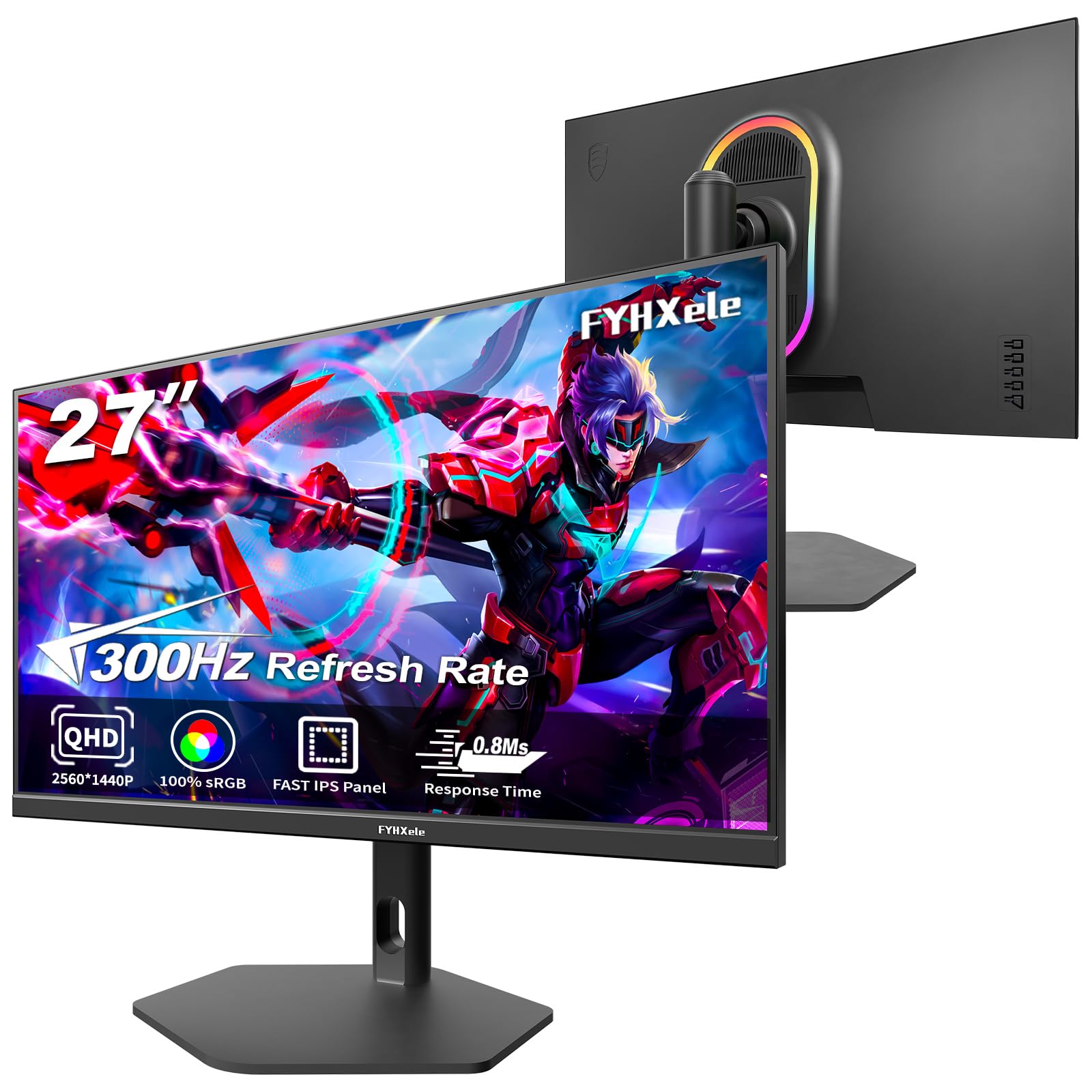 FYHXele Monitor de gaming de 27 pulgadas, monitor de ordenador de 300 Hz, panel QHD Fast IPS, pantalla de PC GTG de 0,8 ms, soporte ajustable para vertical y VESA, antiluz azul, negro