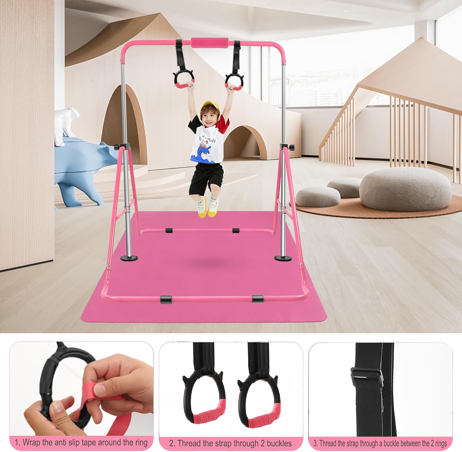 Gymnastics Bar for Kids,Folding Gymnastic Training Kip Bar with Rings,Gymnastics Equipment for Kids,5-Level Adjustable Height Fitness Equipment for Indoor/Outdoor/Home/Training