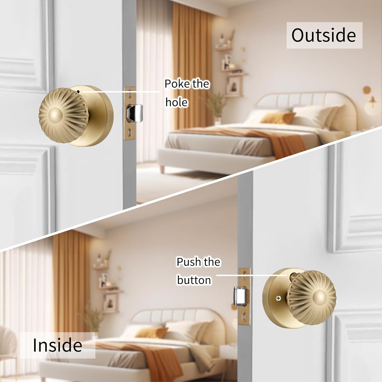 6 Pack Gold Interior Door Knobs, Heavy Duty Door Knob with Lock, Seashell knob Door Handles for Bath & Bedroom