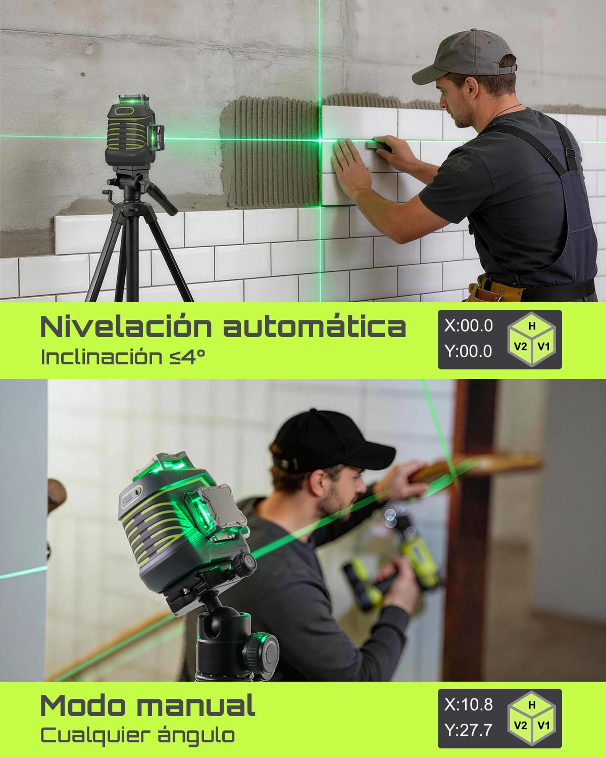 LASGOO 3DX-C Nivel Láser Verde con Pantalla LCD, Mando a Distancia & Soporte