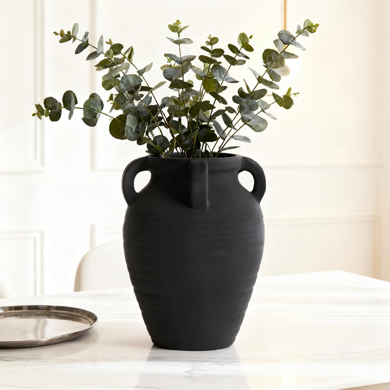 Handmade Flower Vase, 8.2" Rustic Terracotta Vase with 4 Handles, Vintage Ceramic Flower Vase, Matte Black Ear Pot for Entryway, Table, Shelf, Living Room, Fireplace, Home Decor (Clear Black)