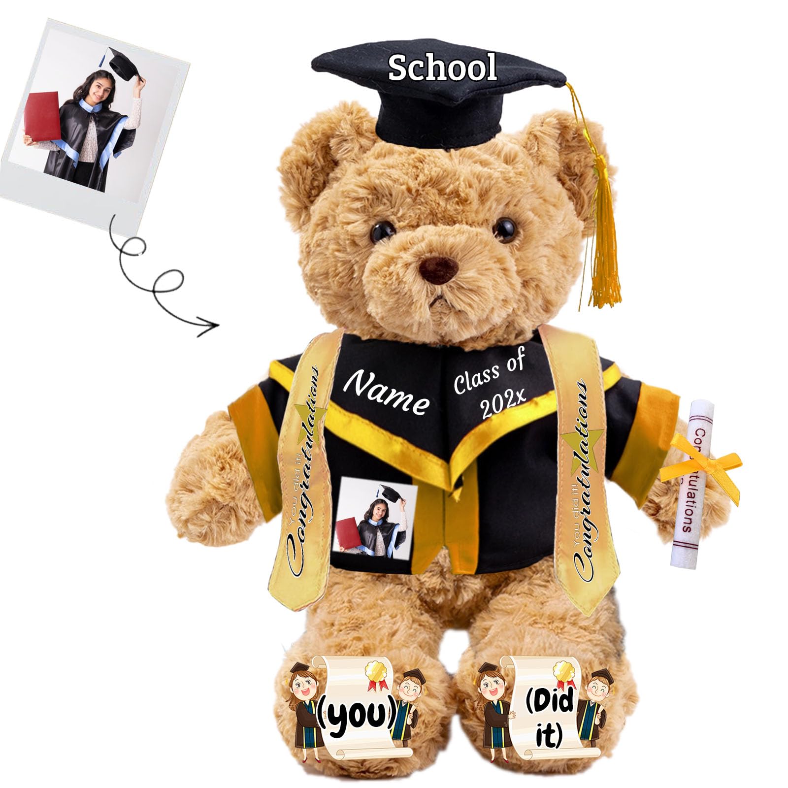 JABECODIFA Regalos de Graduación Personalizado Oso de Peluche con Texto Foto Osito Peluche como Regalos Personalizados Regalos de Graduacion para Hombres (26cm)
