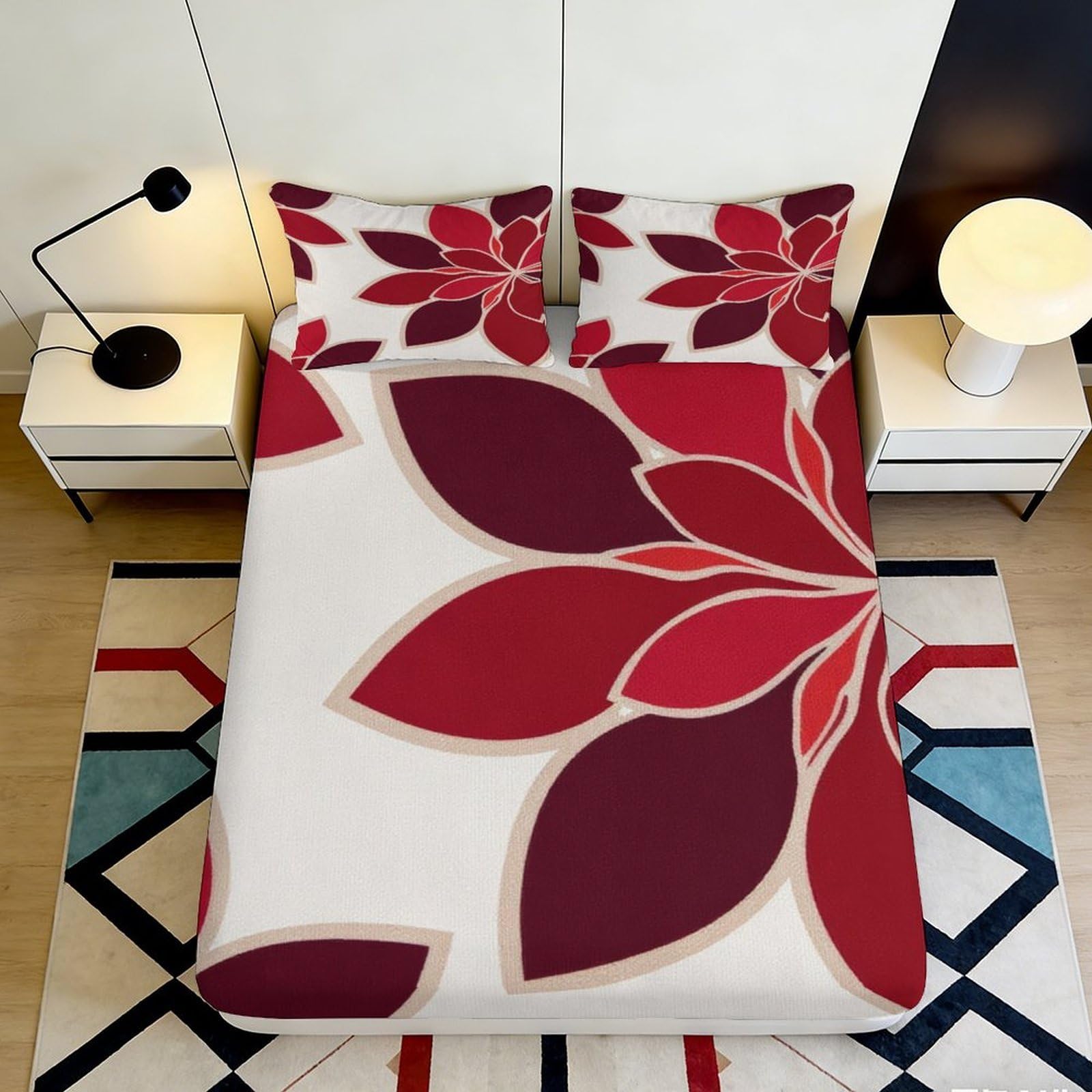 Jqzkxnhpbr Style-7 3D Printed Red Floral Fitted Sheet Microfiber Soft Decorative Leaf Pattern Mattress Cover For Bedroom Guest Room Dorm 90X200x25cm