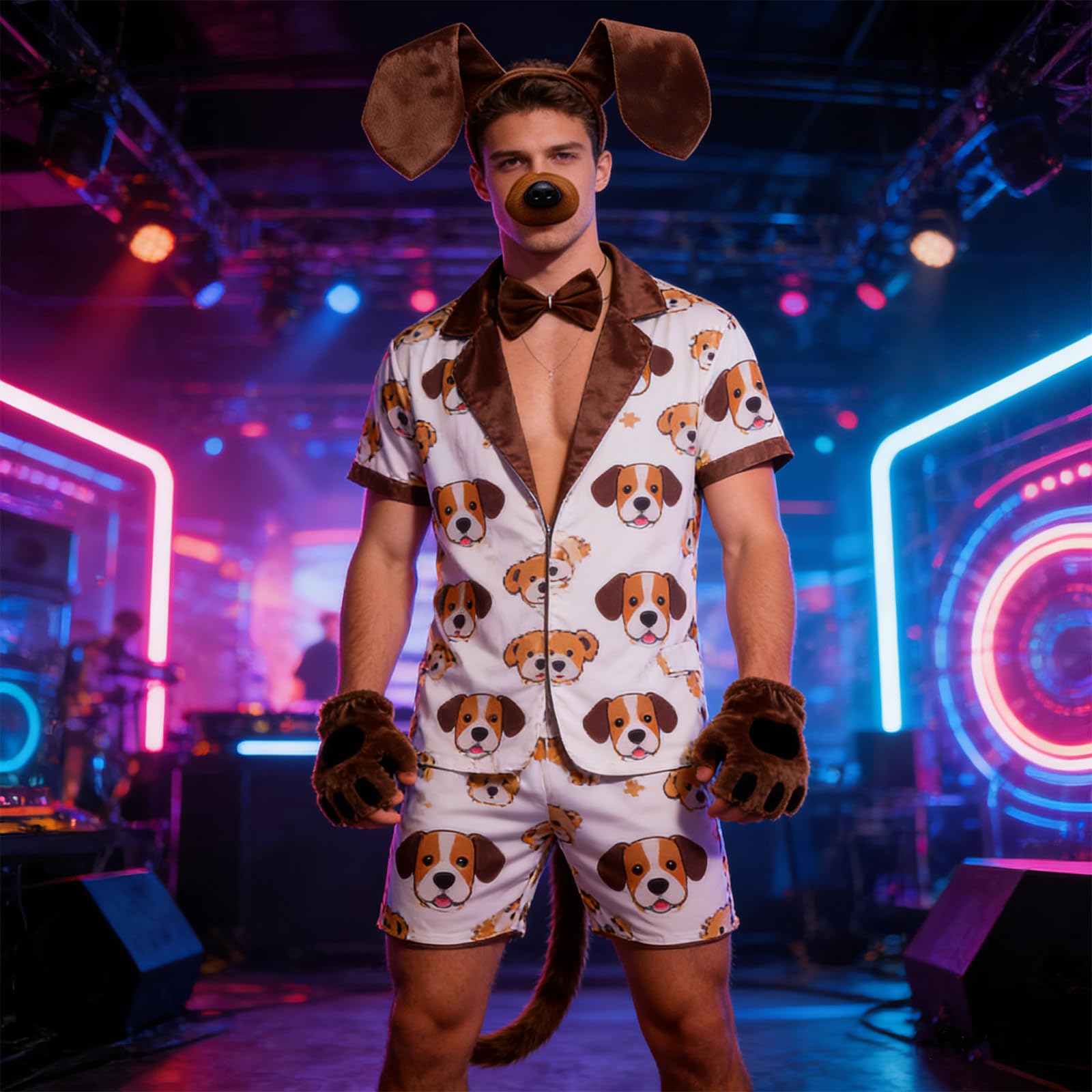 5-Piece Dog Man Costume Set, Dog Costume for Adults Brown Tutu and Slinky D0g Cos-tume with Ears Headband, Gloves - Image 3