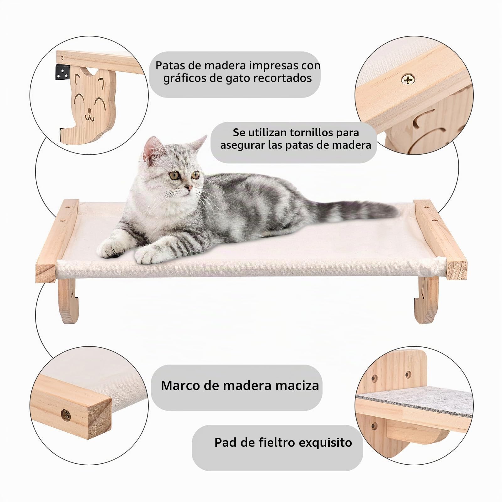 Hamaca para gatos montada en la pared, muebles de madera para gatos, estantes y barras de asiento, plataforma para dormir y jugar
