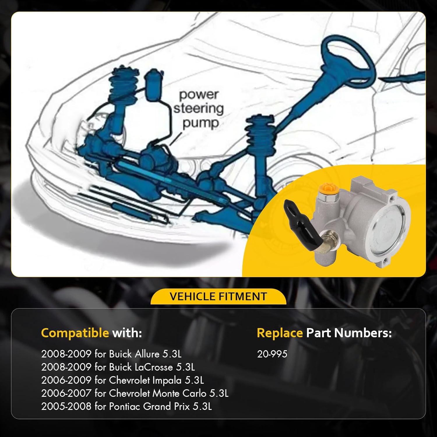 OCPTY Power Steering Pump Compatible with 2008-2009 For Buick Allure 5.3L 2008-2009 For Buick LaCrosse 5.3L 2006-2009 For Chevy Impala 5.3L 20-995 Power Assist Pump