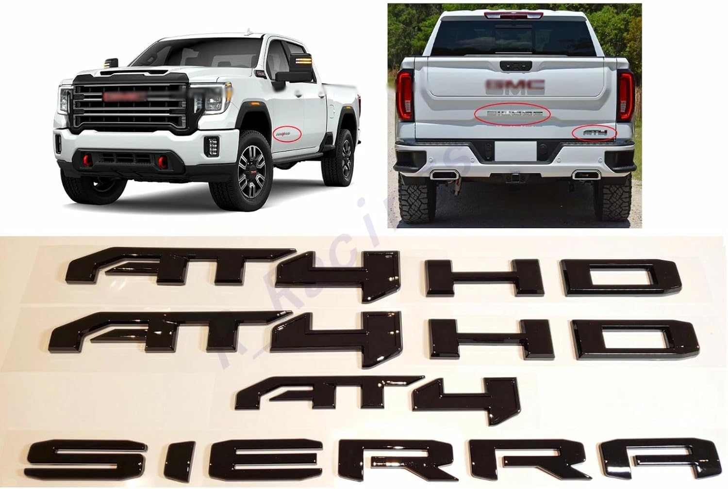 6Pcs AT4 HD Emblems Sierra Letters 3D Badge Side Door Rear Tailgate Sticker Decal NamePlate Compatible with 2019-2026 Sierra 2500HD 3500HD Canyon 85002068 (Glossy Black)
