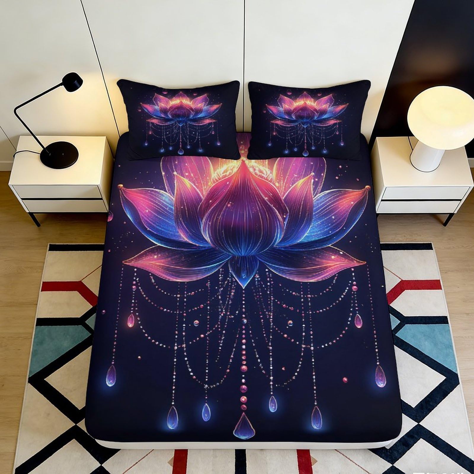 3D Printed Purple Lotus Fitted Sheet Microfiber Soft Breathable Dreamy Floral Bed Cover for Bedroom Guest Room Decor 90x200x25cm