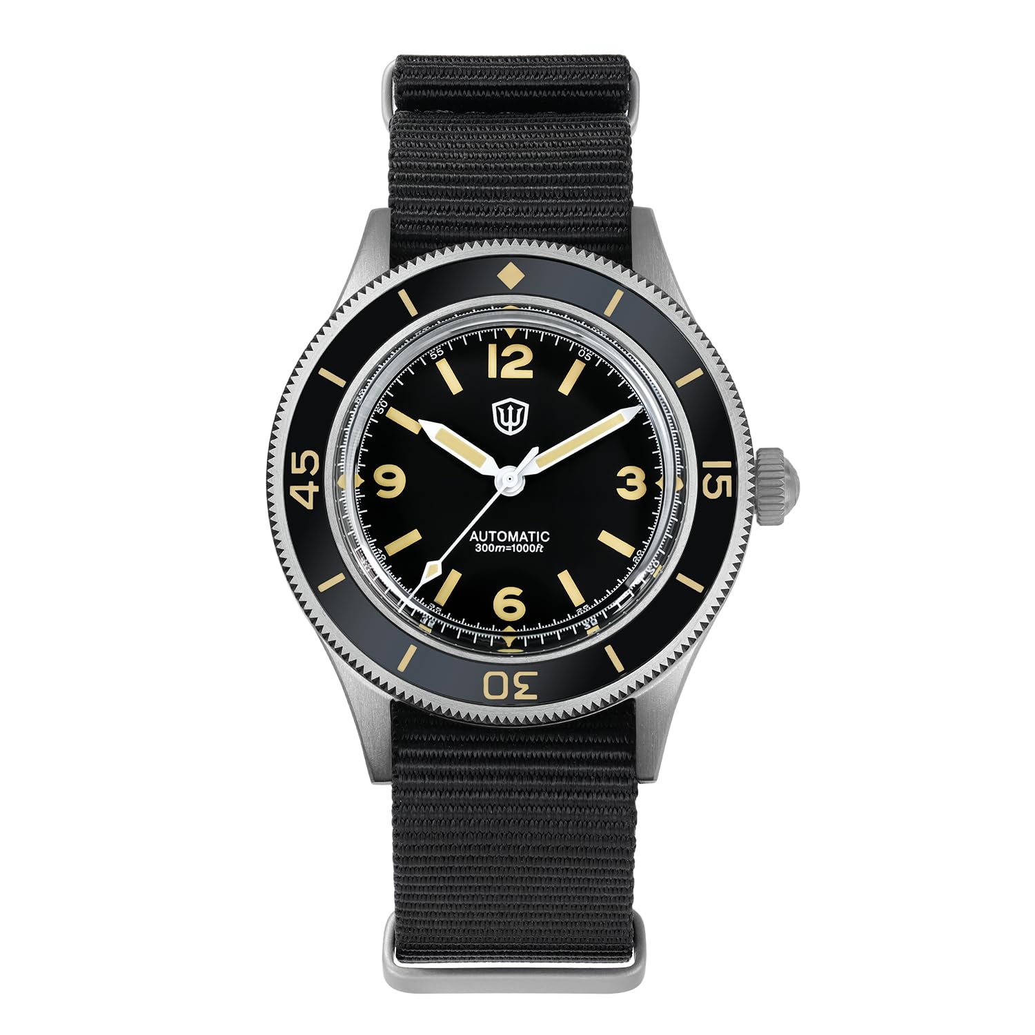 watchdives Taucheruhr für Herren, Vintage WD50 Fathoms NH35 NH38 Automatikuhren, 40 mm, Gewölbtes Glas, 300 m wasserdichte Taucherarmbanduhr, Schwarzes Zifferblatt mit Nylon-Uhrenarmband