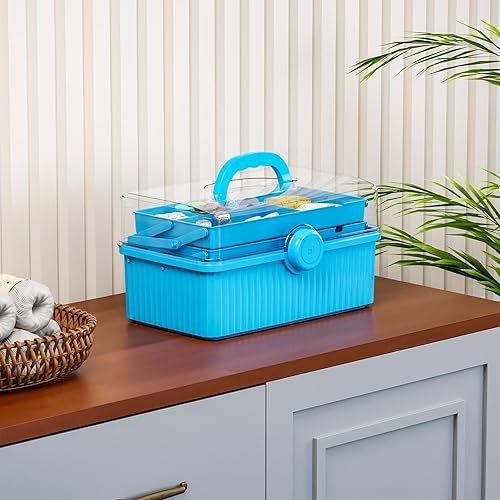 Miniatura 7 de Caja de plástico para manualidades de 3 capas de 13 pulgadas con asa, caja de almacenamiento multiusos para suministros de arte, cabello y costura,