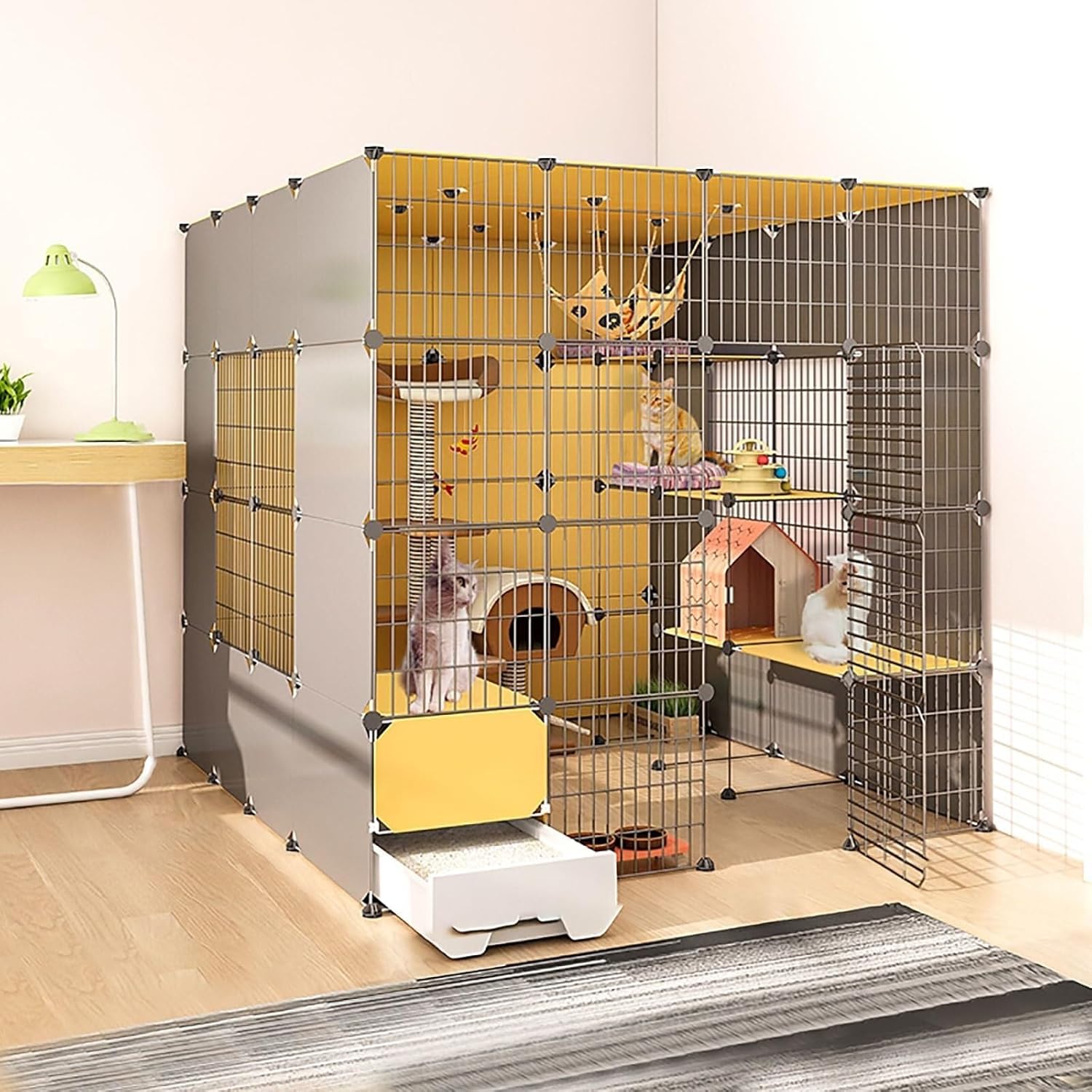 Large Indoor Cat Cage with Removable Litter Box, DIY Metal Wire Cat Playpen & Kennel, Spacious Exercise Pen for Cats(147x187x147cm)
