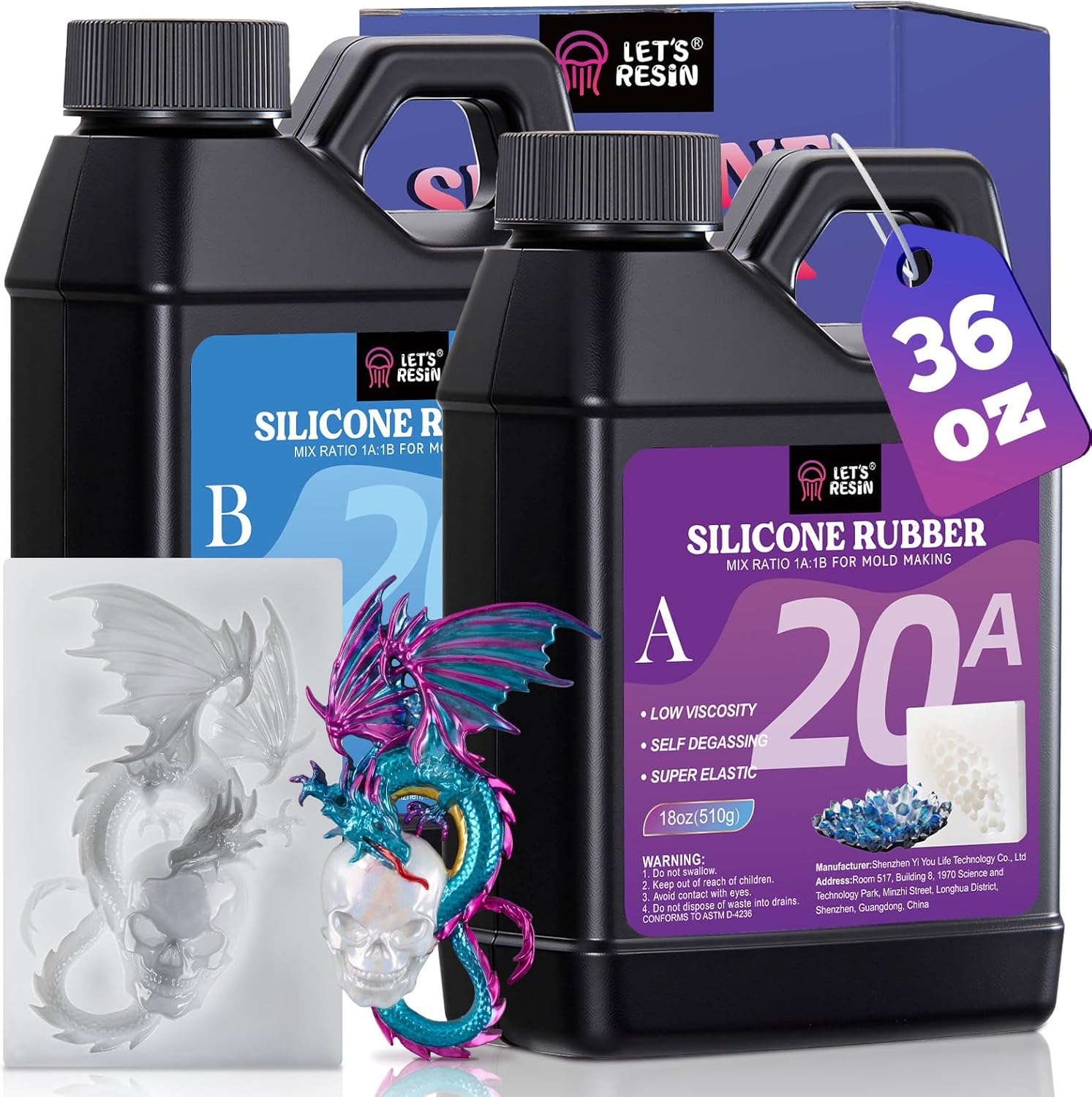 LET'S RESIN Silicone Mold Making Kit 72oz, 20A Non-Toxic Silicone Rubber for Mold Maker, Beginners, Ideal Liquid Silicone for Casting Resin, 3D Molds, 1:1 Mixing by Weight, Translucent