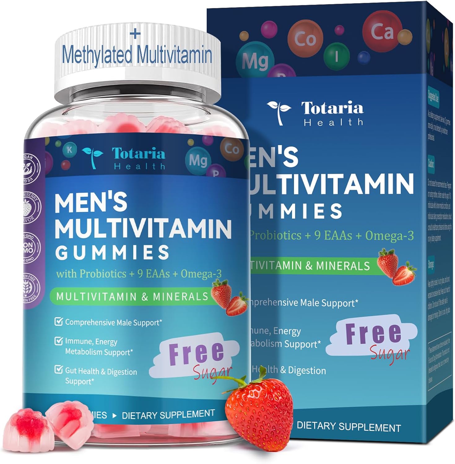 Totaria Sugar Free Multivitamin for Men with Omega 3, Probiotics, Mens Multivitamins Gummies w/Methylated B Complex, EAAs, Lycopene, Zinc, for Daily Energy, Immune, Heart, Iron Free, 60 Count