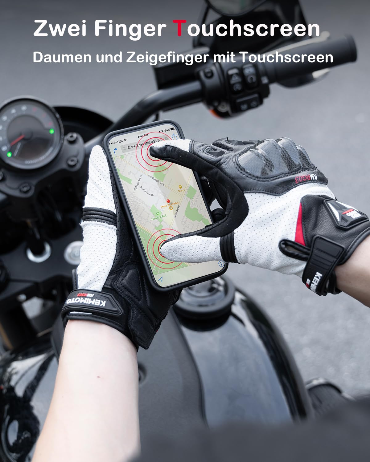 KEMIMOTO Guantes Moto Hombre, Piel de Cabra Dedos Completos con Almohadillas Antideslizantes, Pantalla Táctil y Protección para Motocross, Scooter