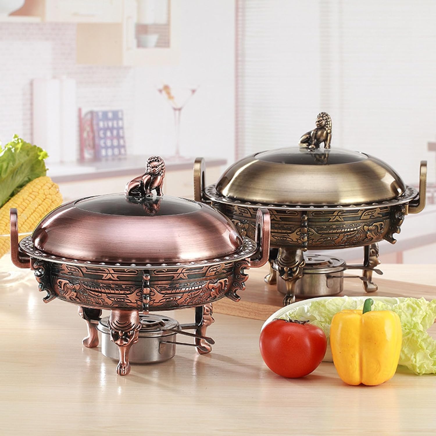 Calentador De Alimentos Redondo Comercial, Juego De Calentador De Acero Inoxidable Y Cobre con Bandejas para Alimentos, Soporte De Aluminio, Tapa Visible Y Red Copper 28CM