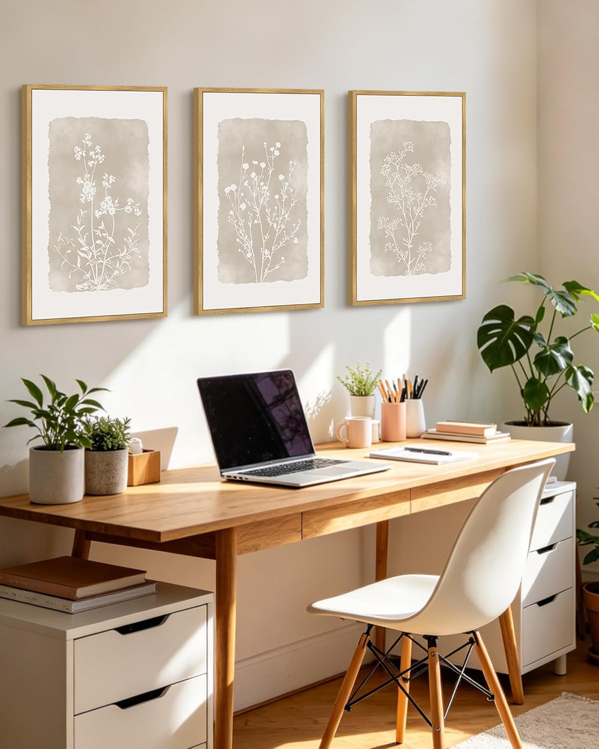 KUVIOKE Boho Botanical Flower Wall Art Framed Vintage Floral Wall Prints Wildflower Neutral Rustic Bohemain Artwork Kitchen Bedroom Decor 16x24in (Natural Framed)