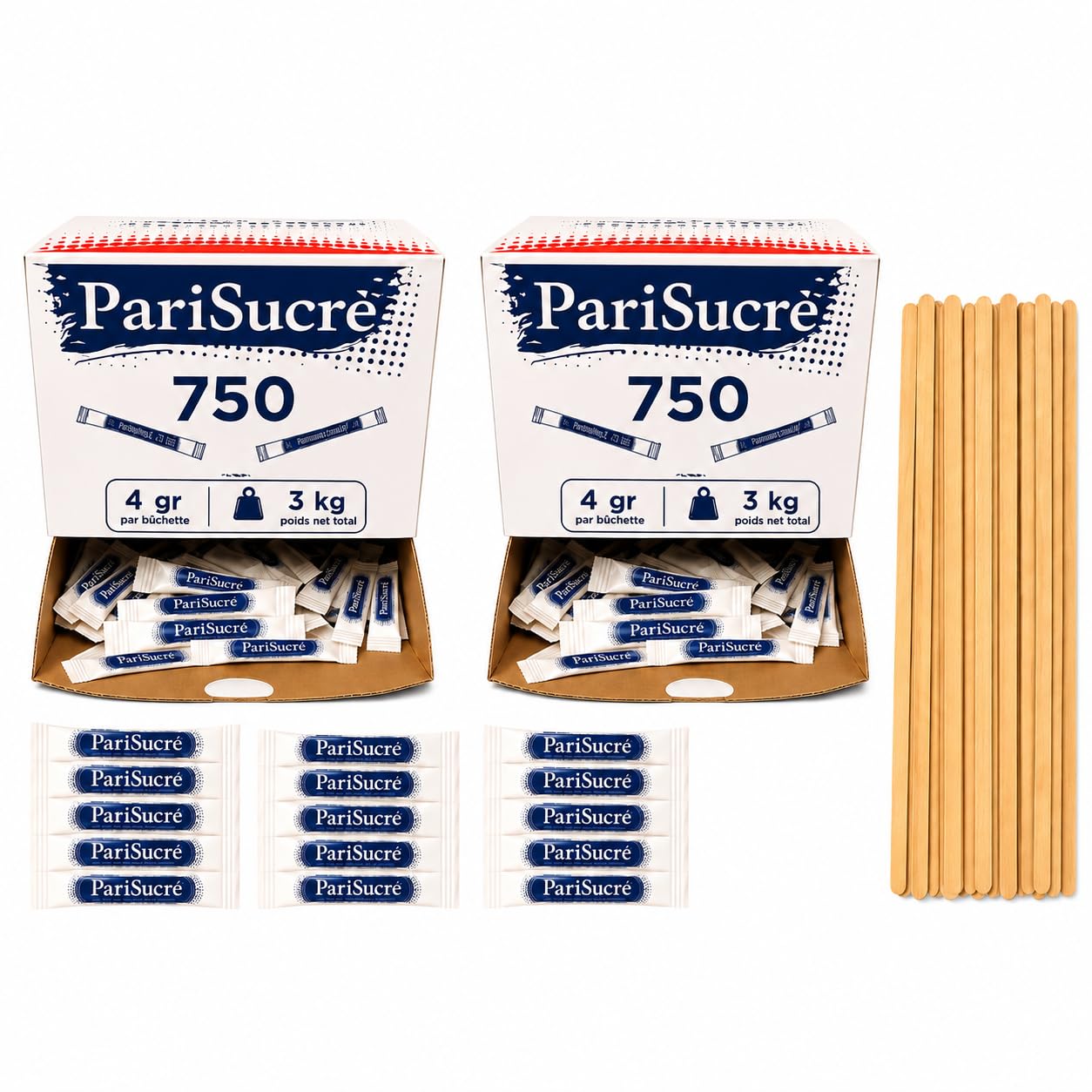 Lot de 1500 Dosette Sucre (750 x 2) - Bûchettes Individuels de 4g (TOTAL 6kg) avec un lot d'agitateurs en bois - Idéal pour les Boissons Chaudes, Cafés et Thés