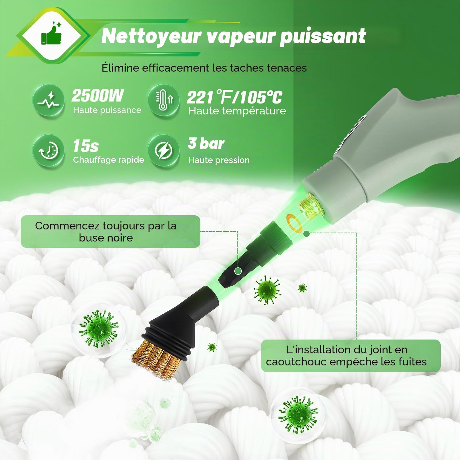 Nettoyeur Vapeur Haute Pression 2500W – Réservoir 1,1L – Pression 3 Bar & Vapeur à 105°C – Nettoyage Multisurface Sans Produit Chimique – 6 Réglages de Vapeur + 15 Accessoires