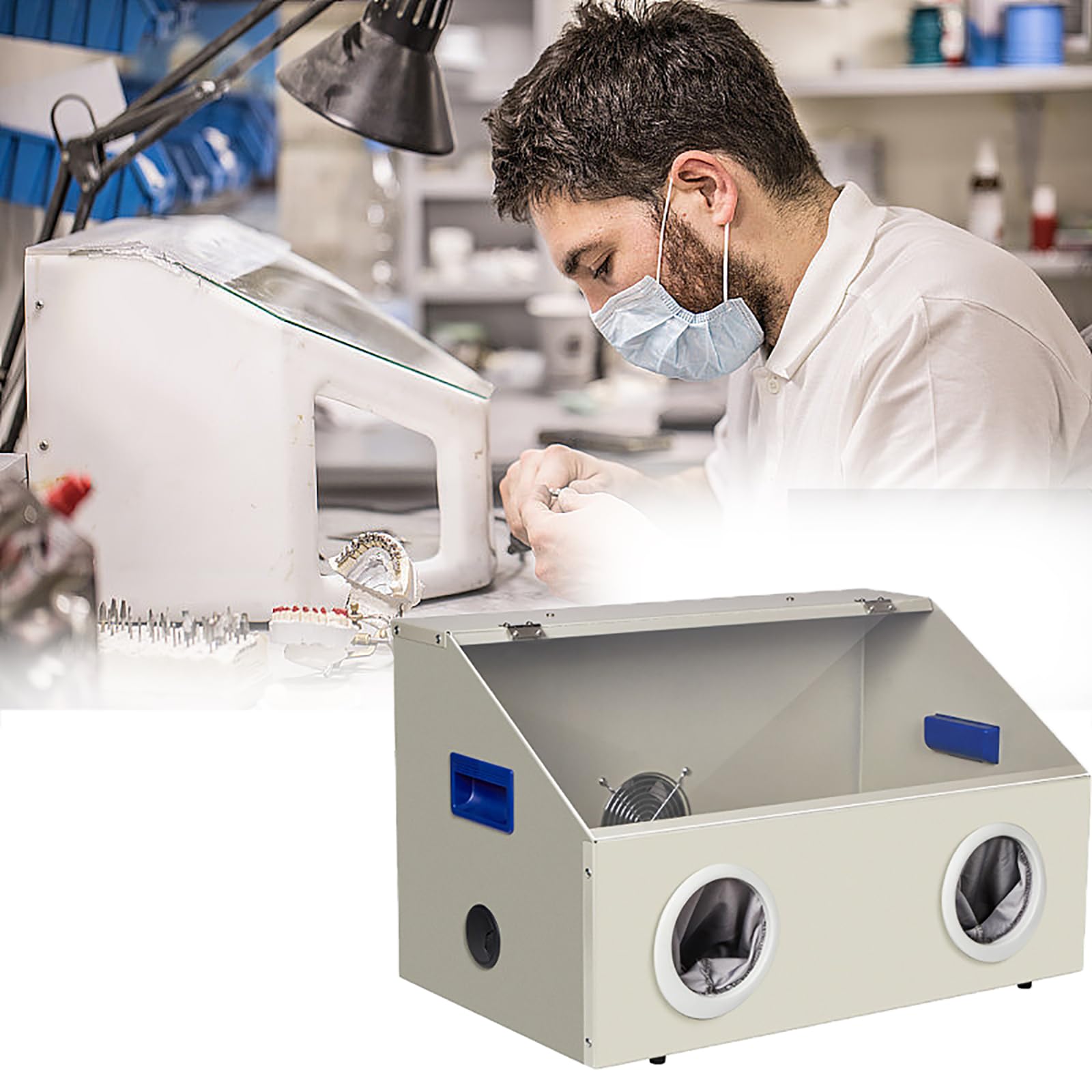 Scatola per smerigliatura dentale con illuminazione a LED e finestra trasparente, ventola 2800R/MIN, rettifica, incisione, lucidatura, perforazione, taglio