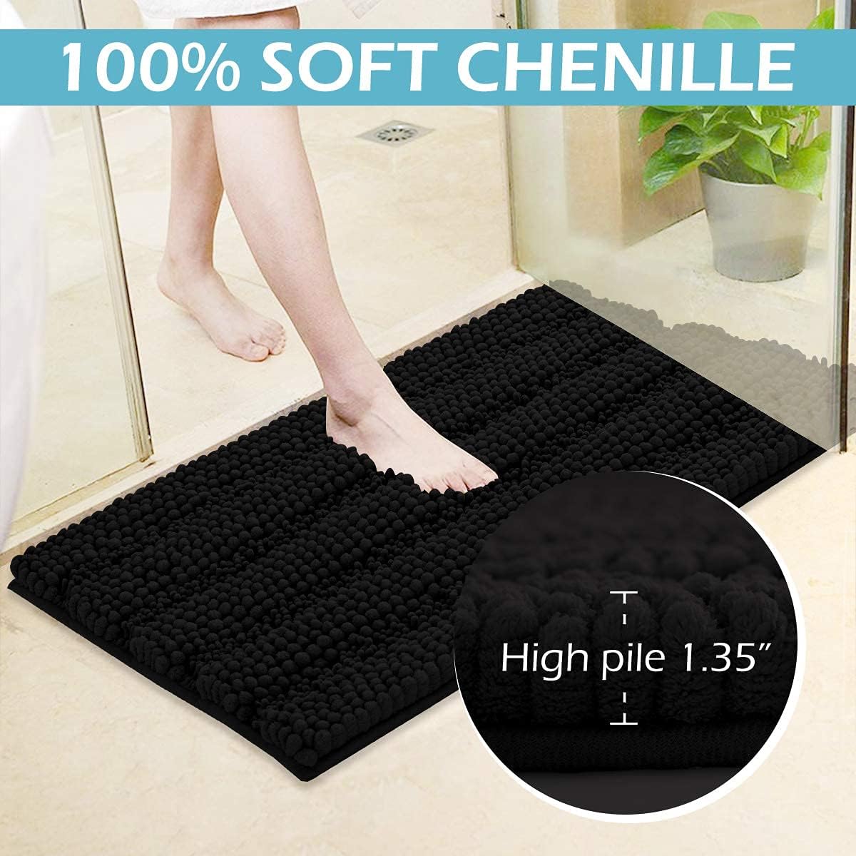 RYB HOME Bathroom Rugs Sets 2 Pieces - Quick Drying Bath Mat Absorbent Super Soft Thick Microfiber Chenile Floor Carpet for Tub Kitchen Laundry Room, Black, 47" x 24" 20" x 32"