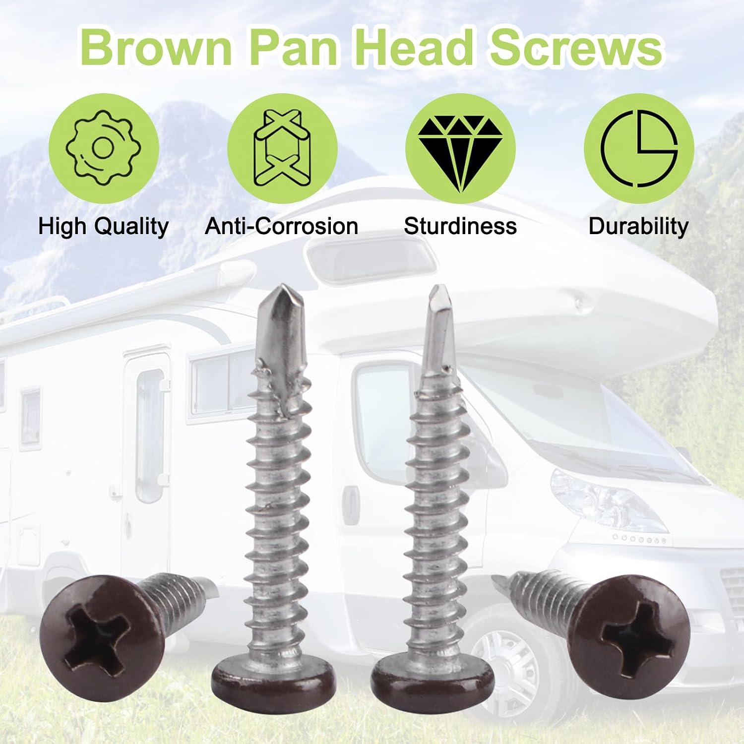 120Pcs Pan Head Metal RV Screws # 8 X 1" Phillips Drive Self-Tapping Sheet Metal Screws Stainless Steel Self-Drilling Screw for RV Camper Trailer （Dark Brown Head)