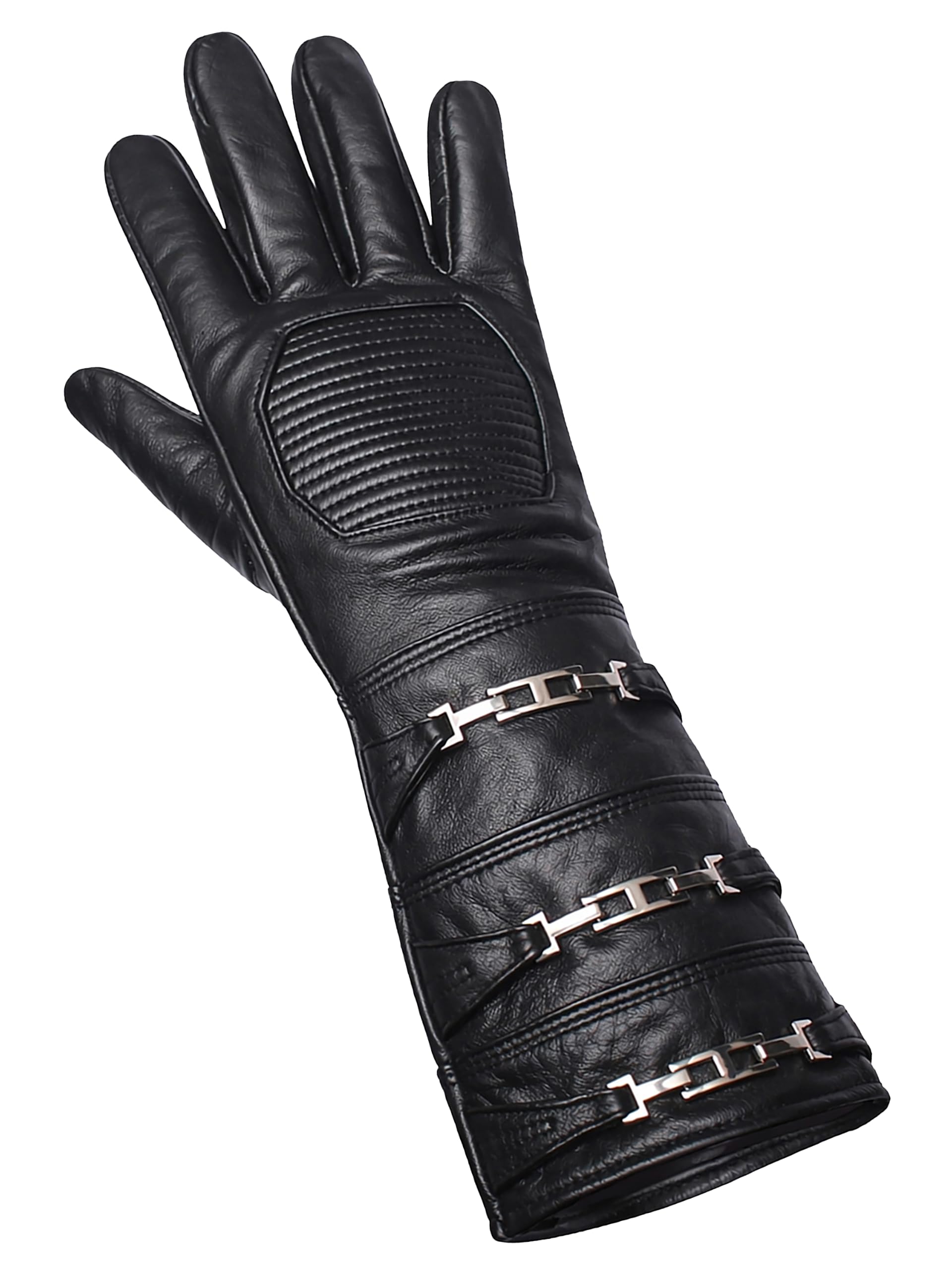 URBAN BUCK Real Sheepskin Leather Sky Gauntlet Costume Glove - Regular Fit Long Arm Cuff Mens Premium Buckles Unlined Cosplay Gloves Black Right Hand (M)