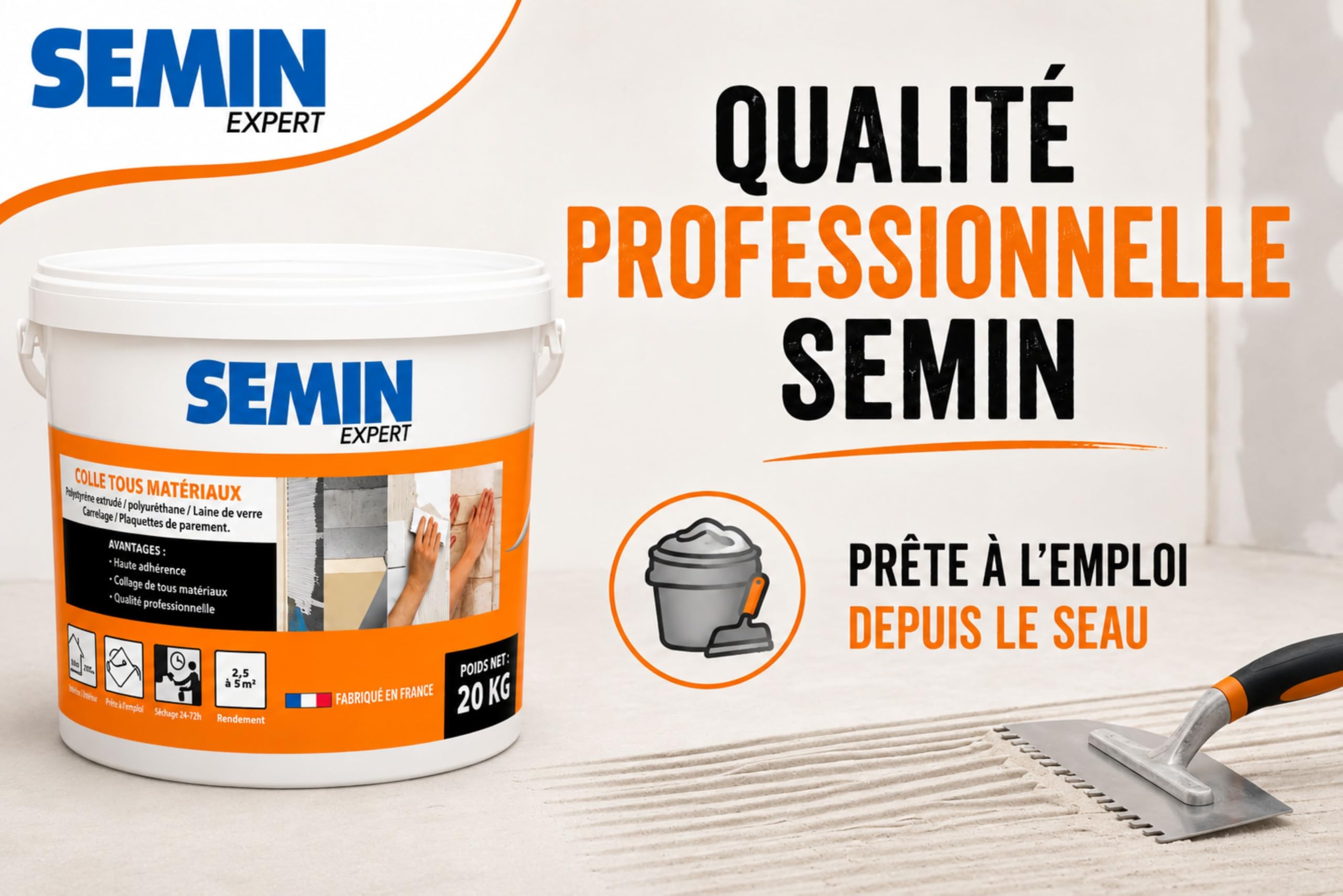 SEMIN Colle Tout Matériaux – 2 X 20 kg – Haute Adhérence Sans Solvant – Prête à l'Emploi – Intérieur/Extérieur – Polystyrène, Liège, Laine de Verre, Carrelage et Plaquettes de Parement
