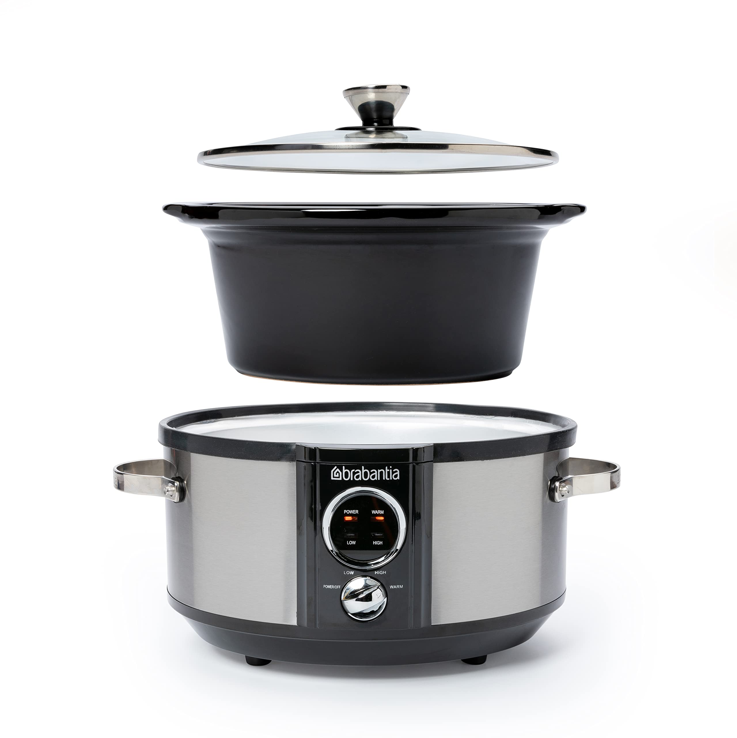 Brabantia Slow Cooker, 3.5 Literm Antihaftbeschichtung, drei verschiedene Heizstufen, Kontrollleuchte, abnehmbarer Topf, geeignet für 4 Personen, 180 Watt, Edelstahl, BBEK1081