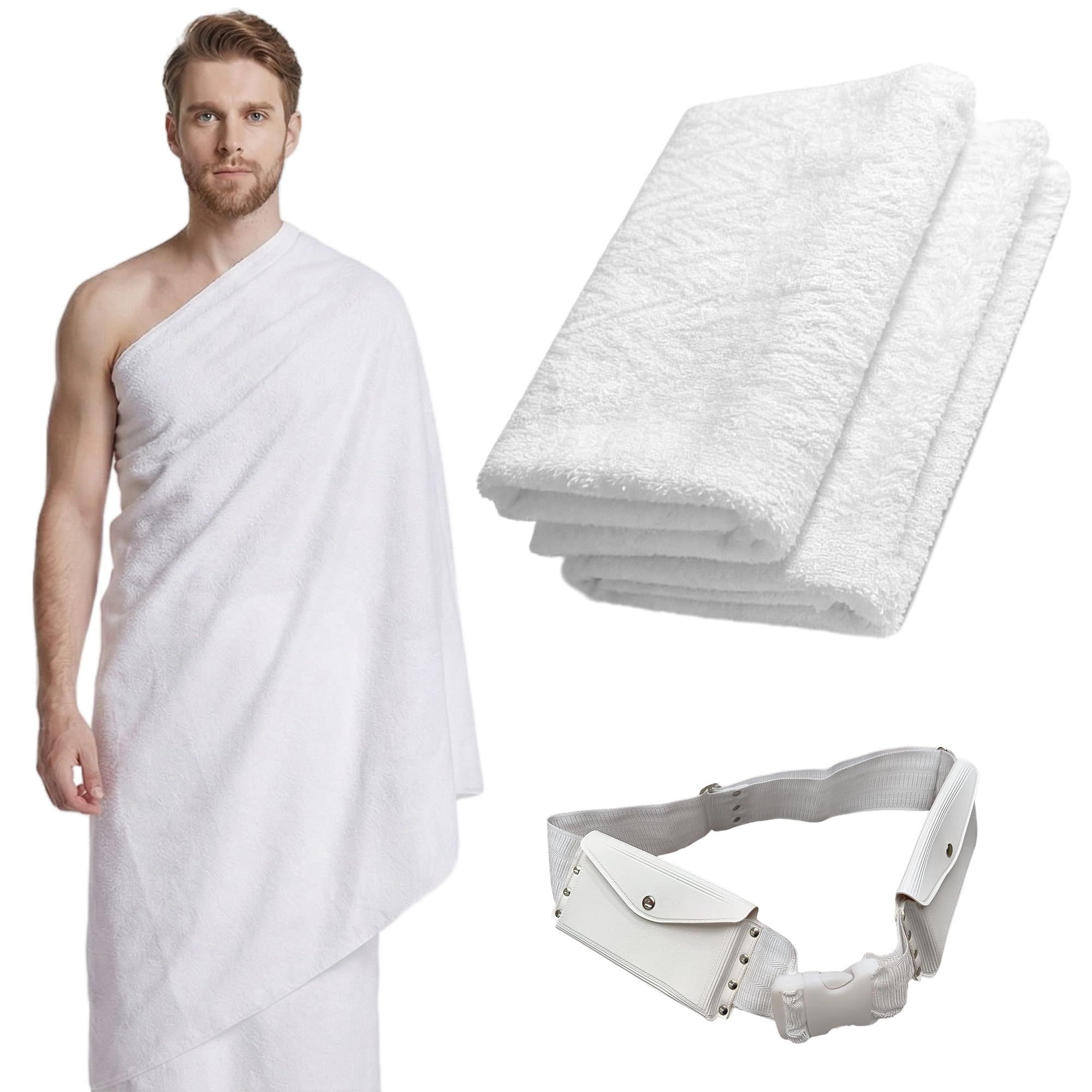 Premium 2-Piece Men’s Ihram Set - Pure Cotton Hajj and Umrah Pilgrimage Clothing, Soft Lightweight Breathable with Belt and Built-in Bag for Sacred Journey