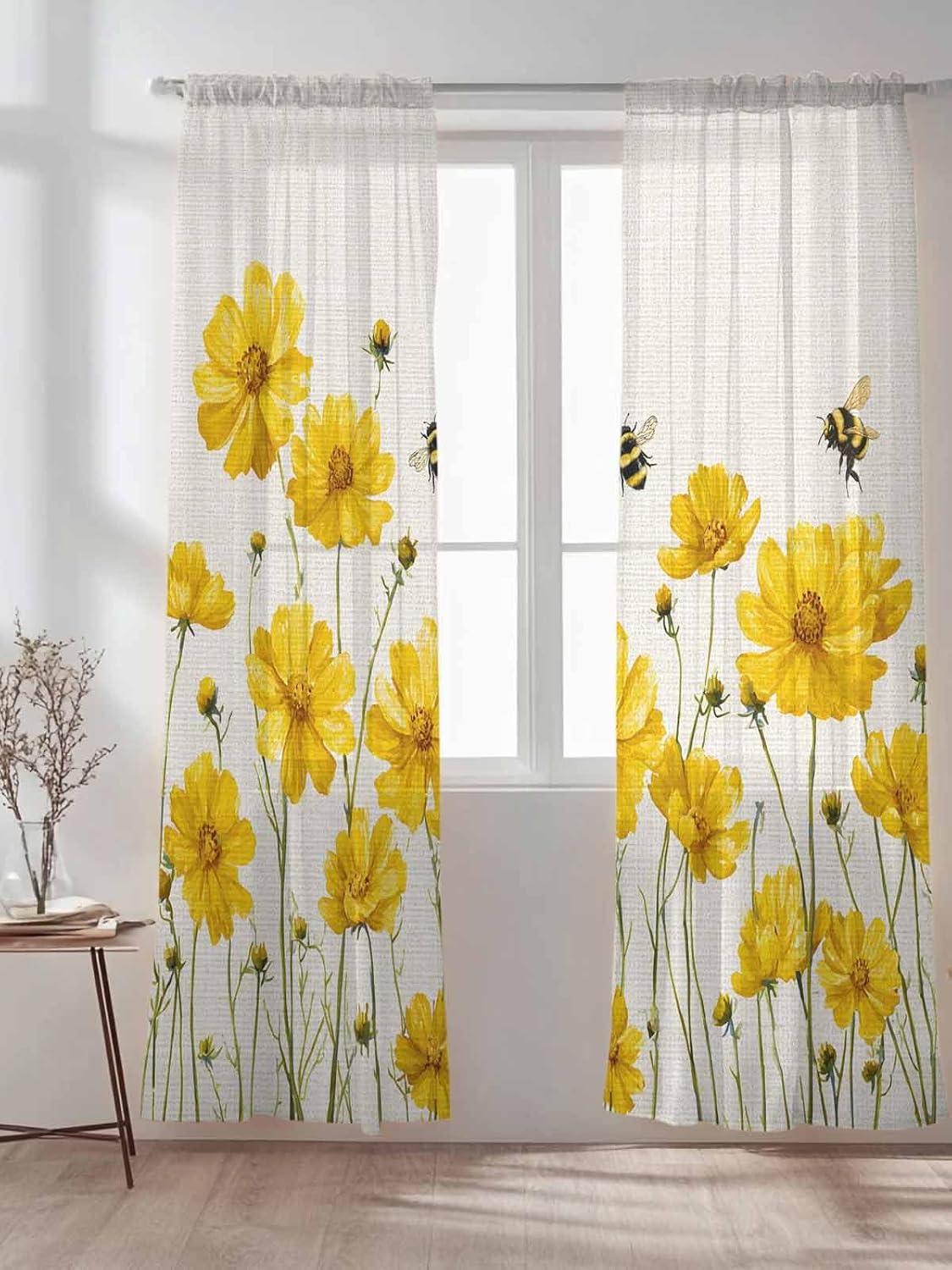 Savannan 2 Panels Semi Sheer Curtains, Yellow Flower Bee Spring Vintage Floral Summer Plant Window Treatment Rod Pocket Voile Panels for Living Room, Bedroom,Yard, Kitchen, 52"x84"