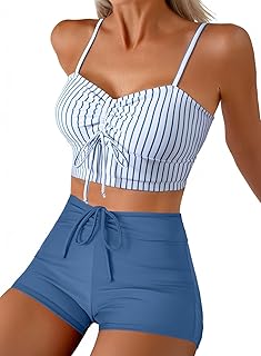 Herseas High Waisted Bikini Sets for Women Floral Print Two Piece Tummy Control Swimsuits Drawstring Short Bathing Suit