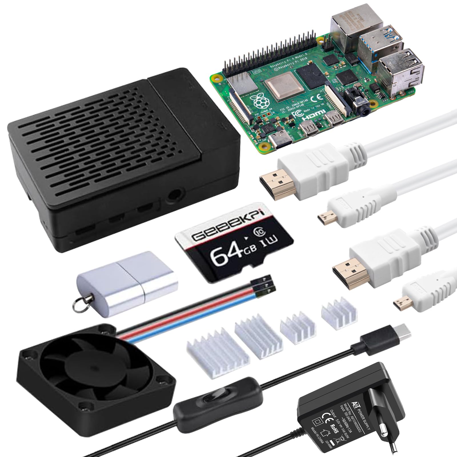 GeeekPi Starter Kit für Raspberry Pi 4 4GB, Inklusive Pi 4 4GB RAM-Board, 64GB SD-Karte und Kartenleser, Pi 4 ABS Gehäuse mit PWM Lüfter, 5V 3.6A 18W Netzteil mit EIN/Aus Schalter, 2pcs 4K HDMI Kabel