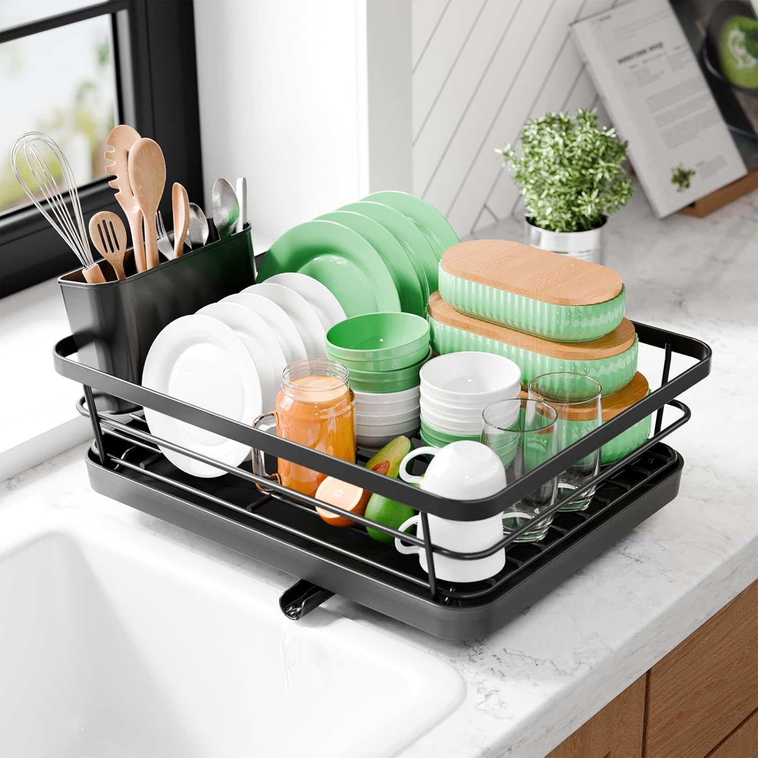 kitsure dish drying rack - compact dish rack with utensil holder & adjustable water outlet, rust-proof & scratch-resistant drying rack for kitchen, 15.5" x 12.0" x 5.0", black black 15.5" x 12.0" x 5.0"