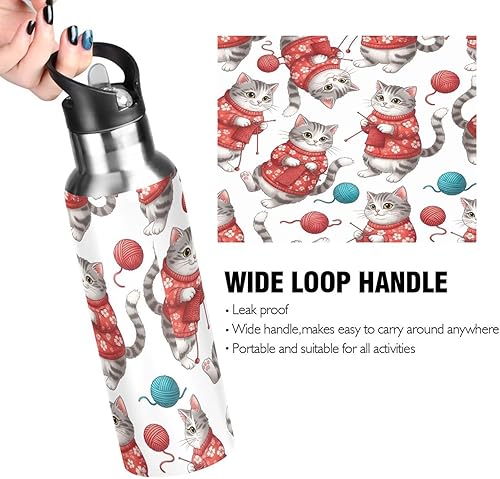 Miniatura 4 de Stainless Steel Water Bottle 32 Oz, Leakproof Water Bottles for Gym Outdoor Travel School, Gray White Cats Red Floral
